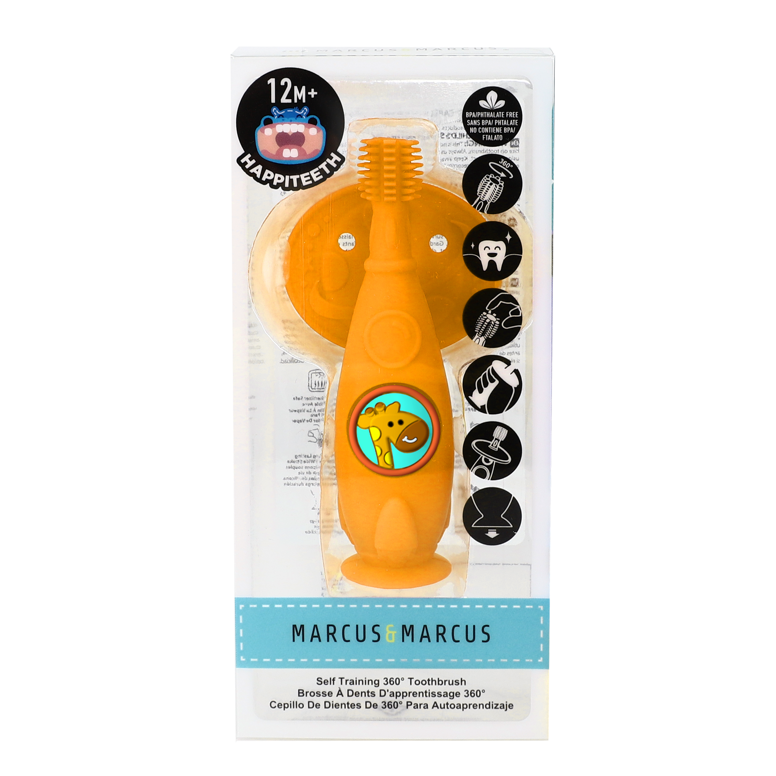Marcus & Marcus Self Training 360 Toothbrush in yellow Giraffe design with soft silicone 360° bristles and suction base