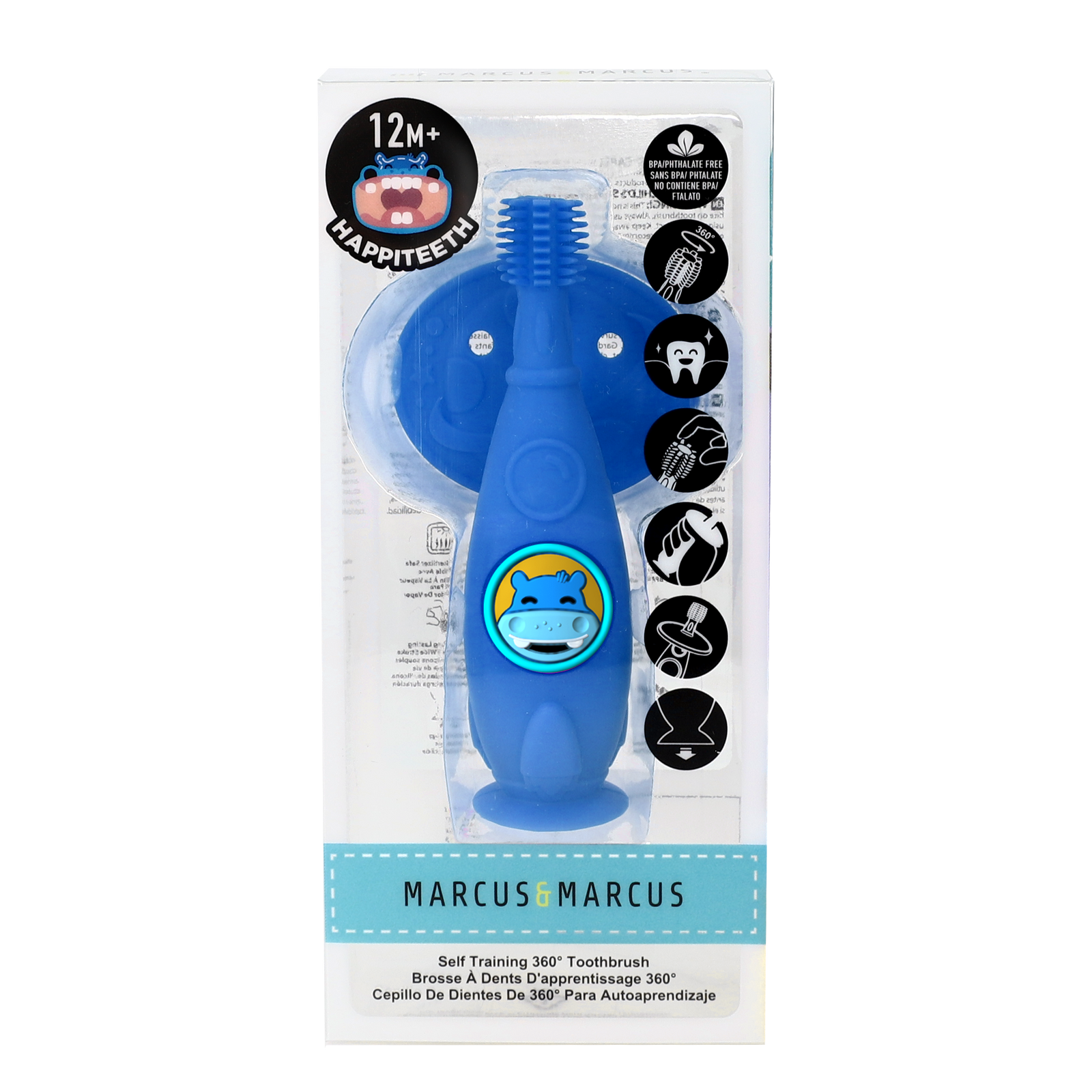 Marcus & Marcus Self Training 360 Toothbrush in blue Hippo design with 360° soft silicone bristles and suction base