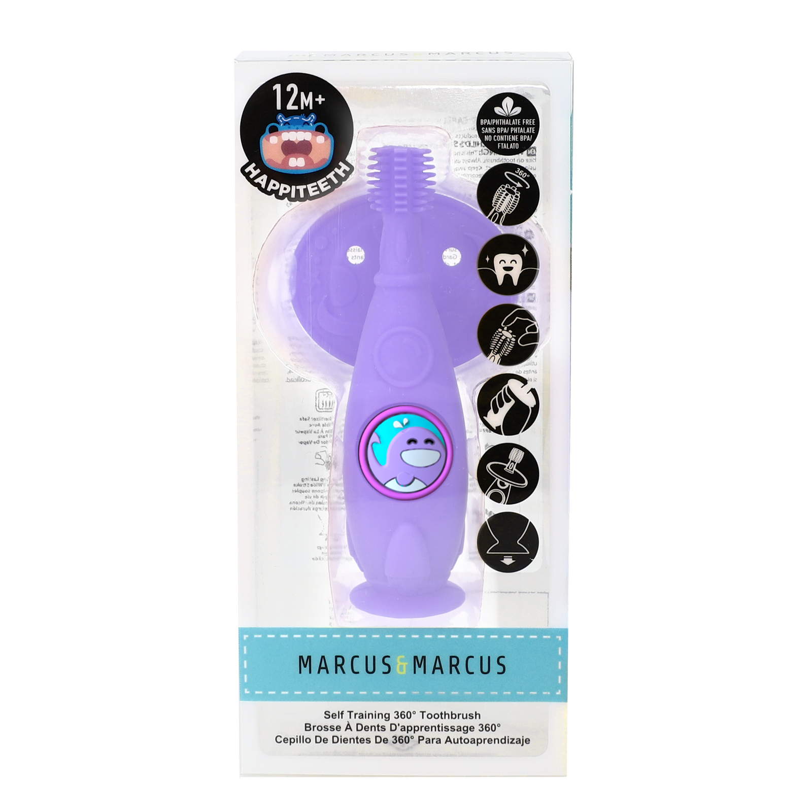 Marcus & Marcus Self Training 360 Toothbrush in purple Whale design with 360° soft silicone bristles and suction base