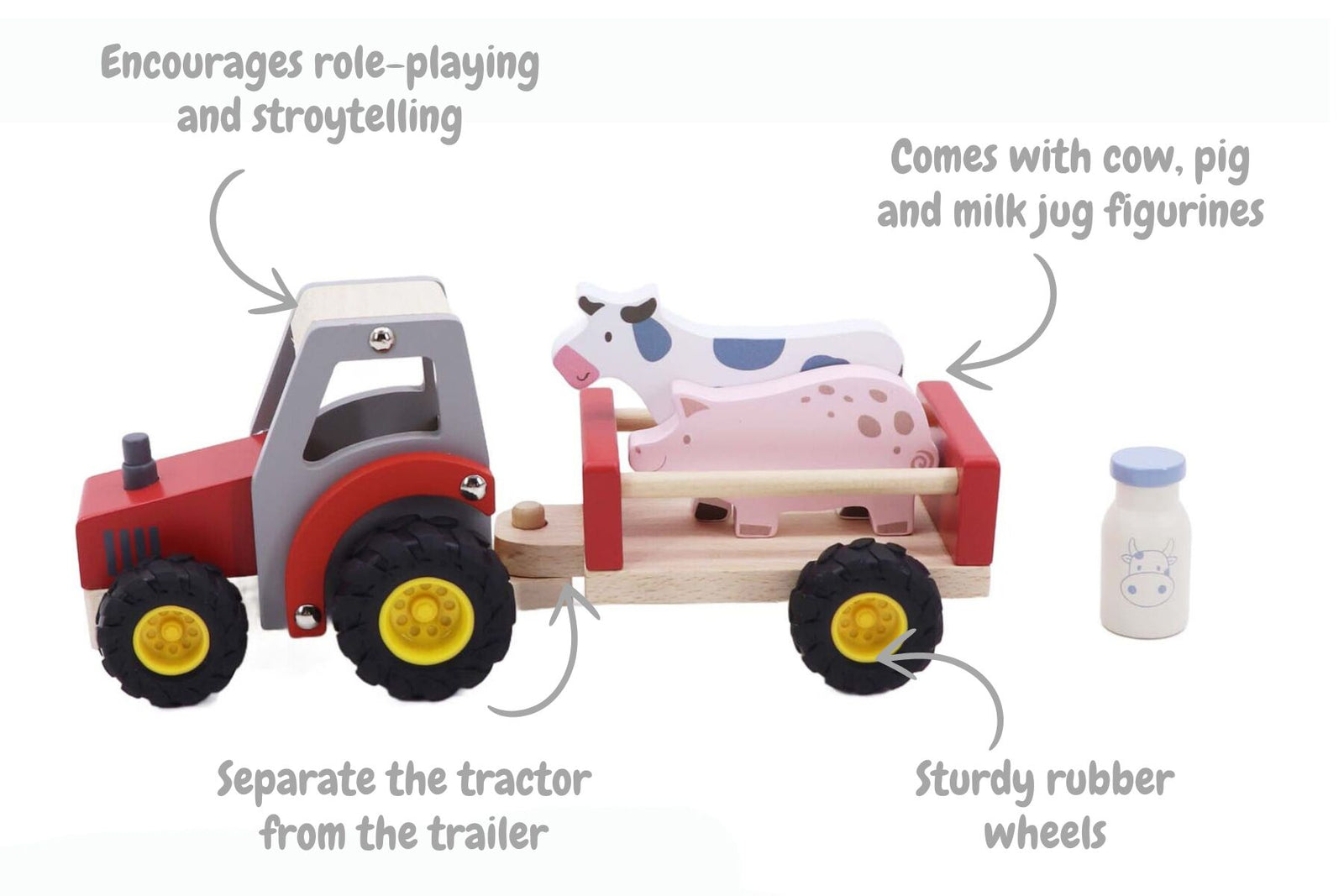 Red wooden tractor with pig and cow figures by Kaper Kidz, hand-painted eco toy for toddlers, farm playset with trailer