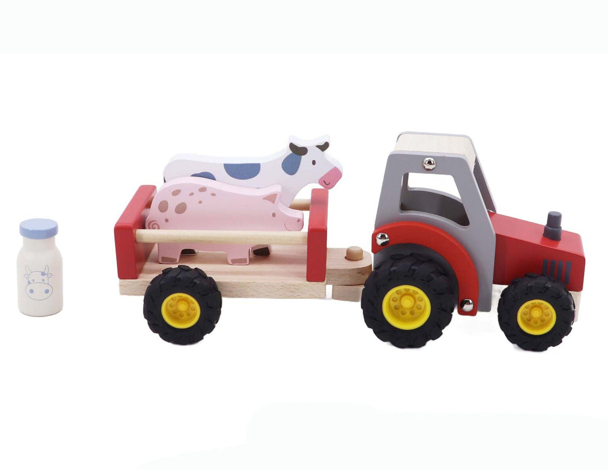 Red wooden tractor with pig and cow figures by Kaper Kidz, hand-painted eco toy for toddlers, farm playset with trailer