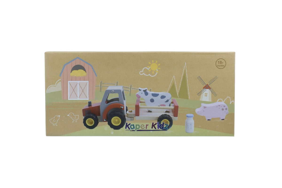 Wooden Tractor with Farm Animals - Red