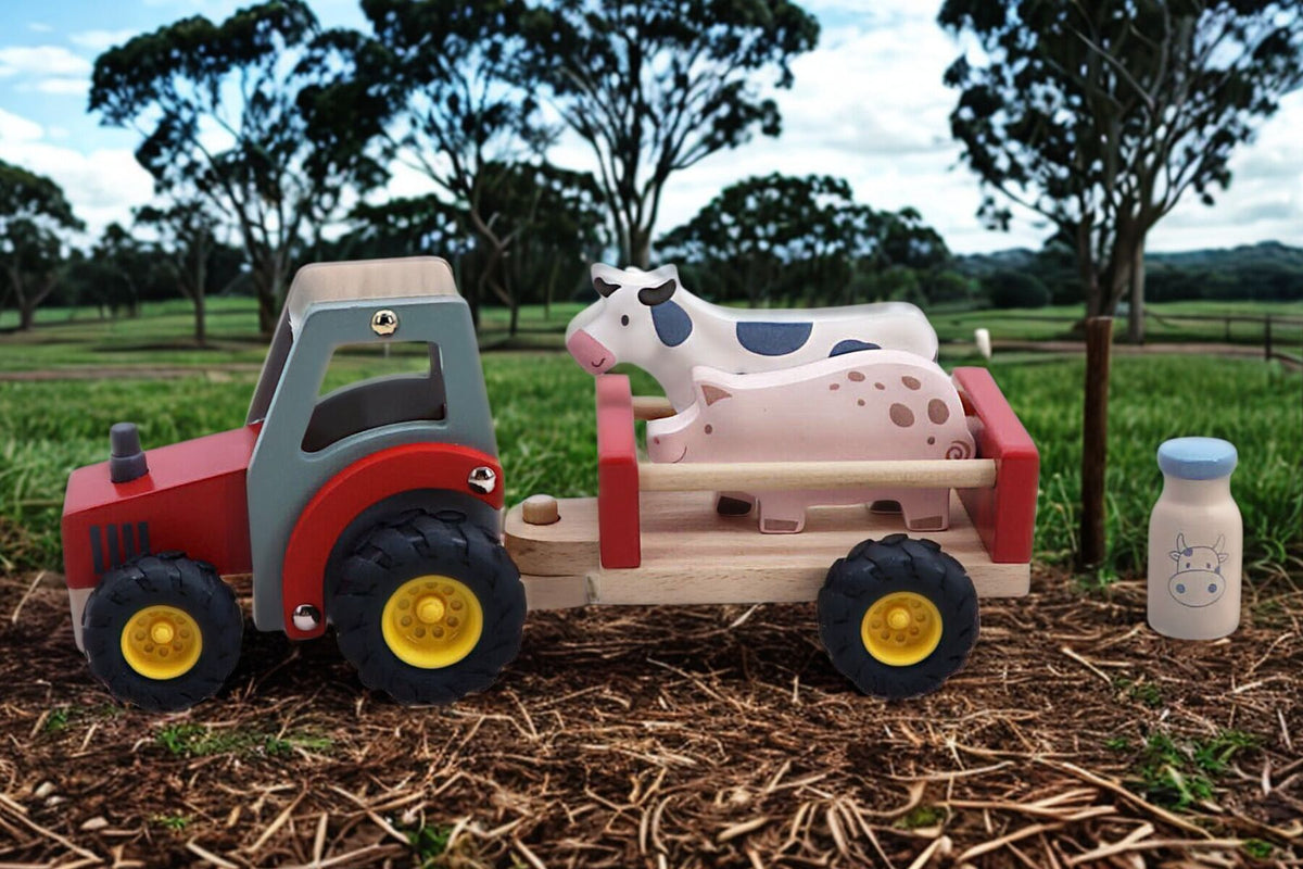 Wooden Tractor with Farm Animals - Red