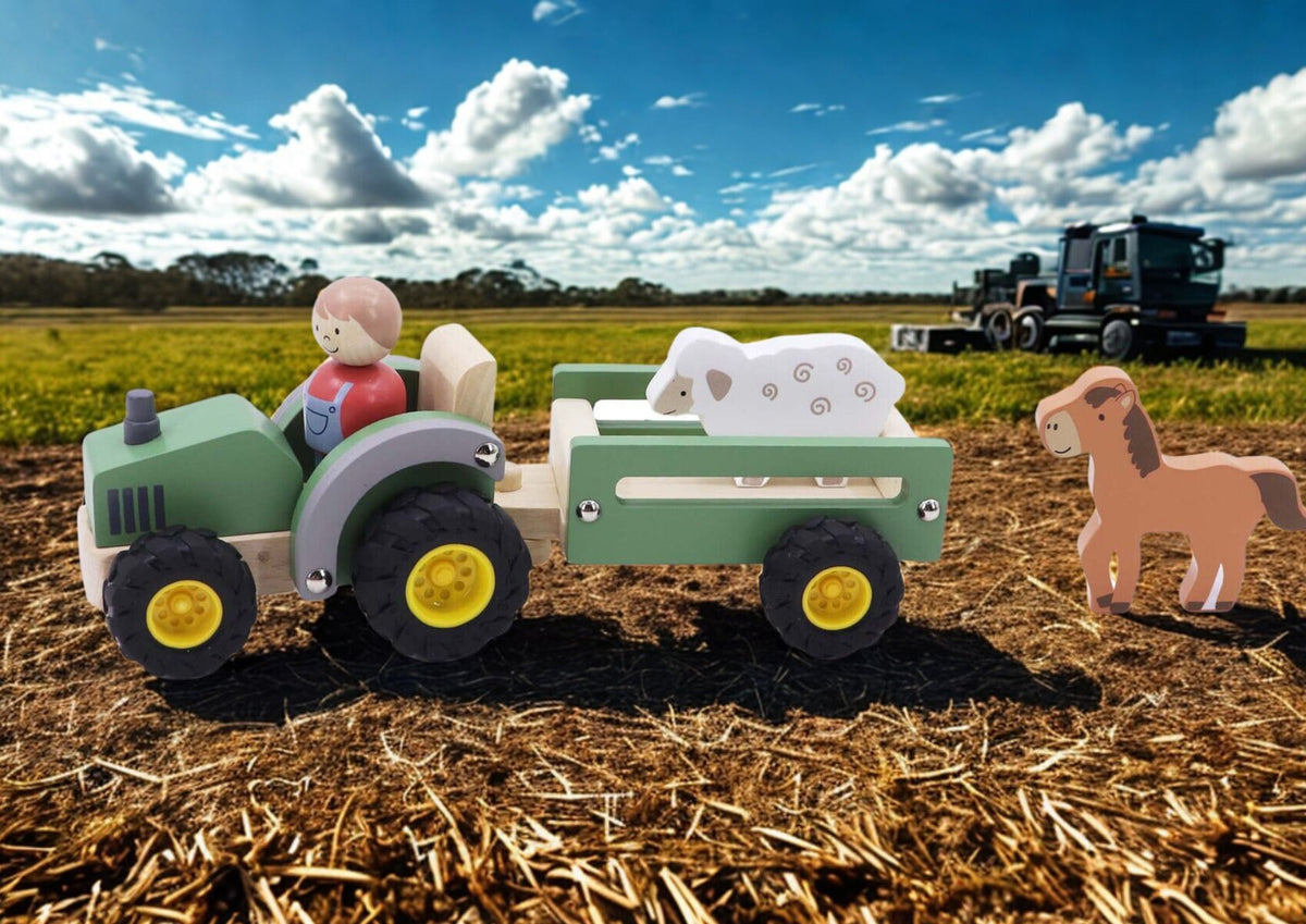 Wooden Tractor with Farm Animals - Green