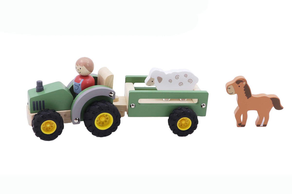 Green wooden tractor with sheep and horse figures by Kaper Kidz, hand-painted eco toy for toddlers, wooden farm playset with trailer