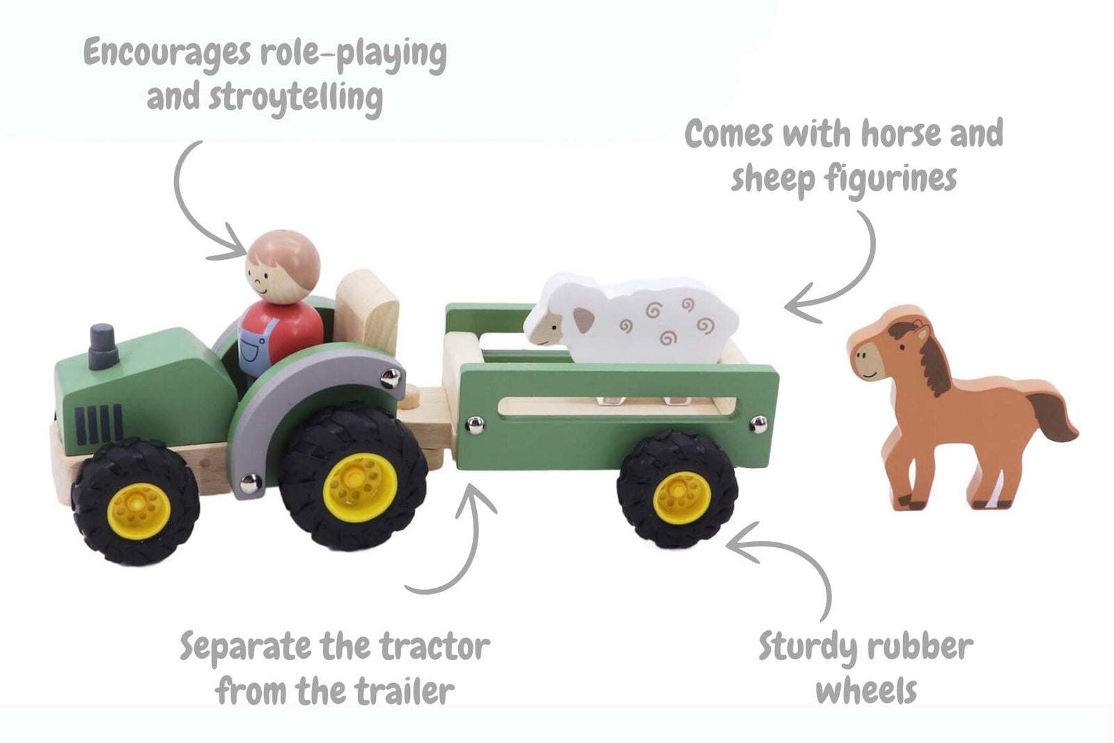 Green wooden tractor with sheep and horse figures by Kaper Kidz, hand-painted eco toy for toddlers, wooden farm playset with trailer