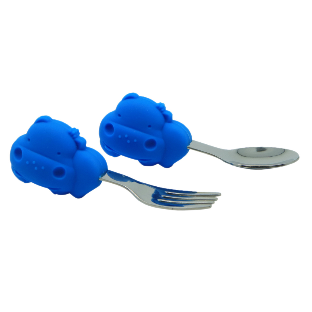 Marcus & Marcus Hippo Palm Grasp Spoon and Fork Set in blue, BPA-free silicone and stainless steel toddler cutlery for ages 18m+