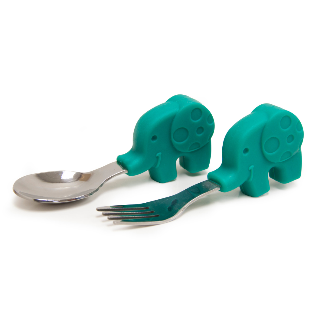 Marcus & Marcus Elephant Palm Grasp Spoon and Fork Set in green, BPA-free silicone and stainless steel toddler cutlery for ages 18m+