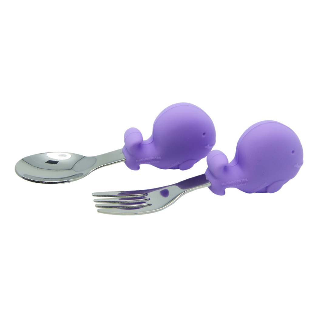 Marcus & Marcus Whale Palm Grasp Spoon and Fork Set in purple, BPA-free silicone and stainless steel toddler cutlery for 18m+