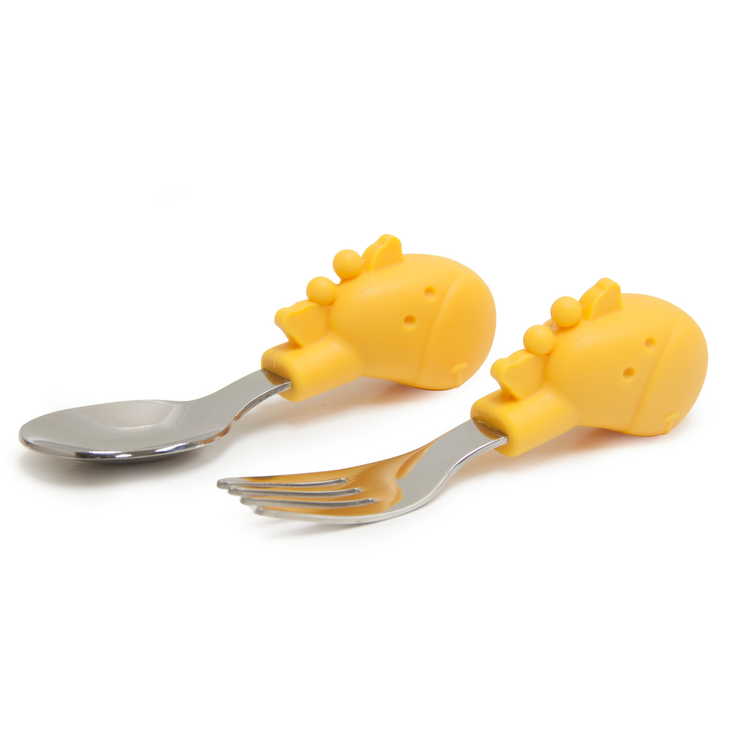 Marcus & Marcus Yellow Giraffe Palm Grasp Spoon and Fork Set, BPA-free silicone and stainless steel toddler cutlery for ages 18m+