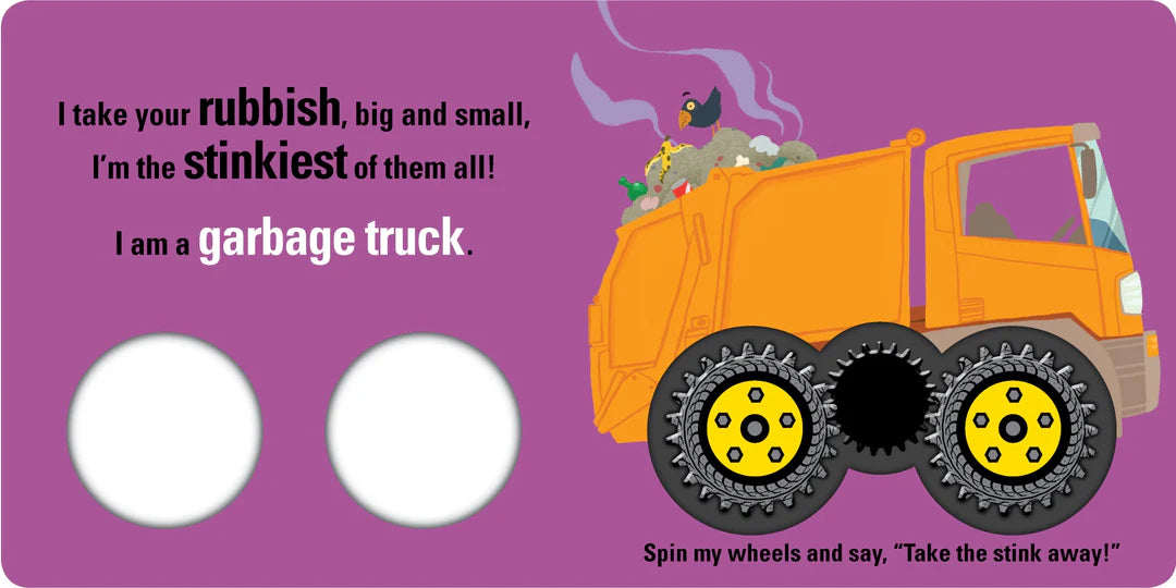 Let’s Go, Stinky Trucks! interactive board book with spinning wheels for toddlers