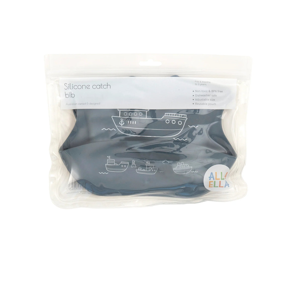 All4Ella Silicone Catch Bib - Boats Slate Blue