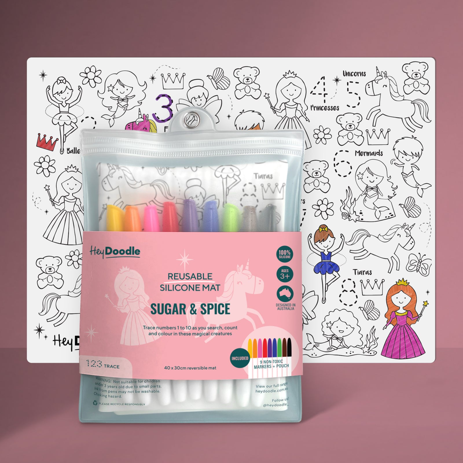 Heydoodle sugar and spice reusable silicone colouring mat and pens