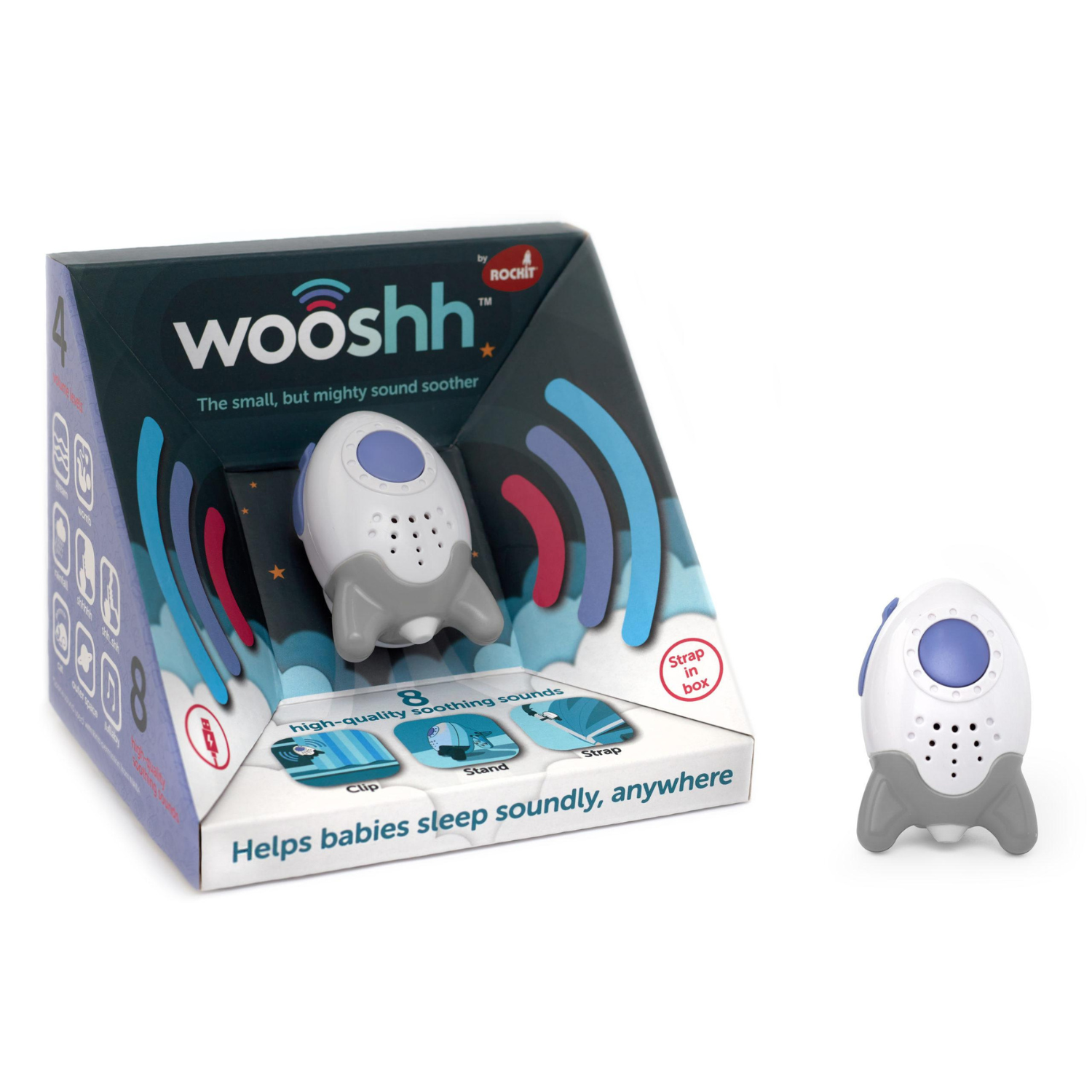 Compact white noise machine for babies – Wooshh with 8 sound options