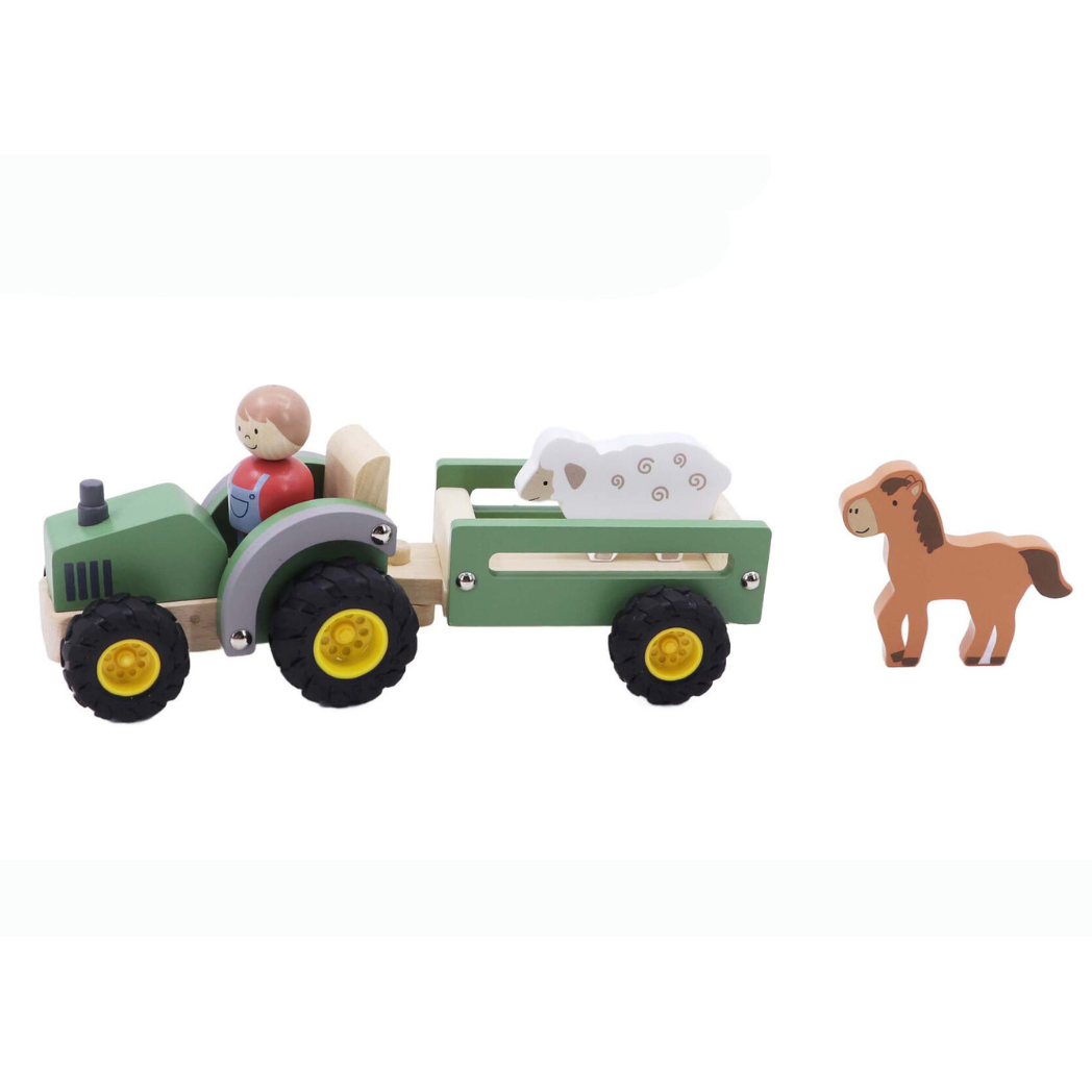 Green wooden tractor with sheep and horse figures by Kaper Kidz, hand-painted eco toy for toddlers, wooden farm playset with trailer