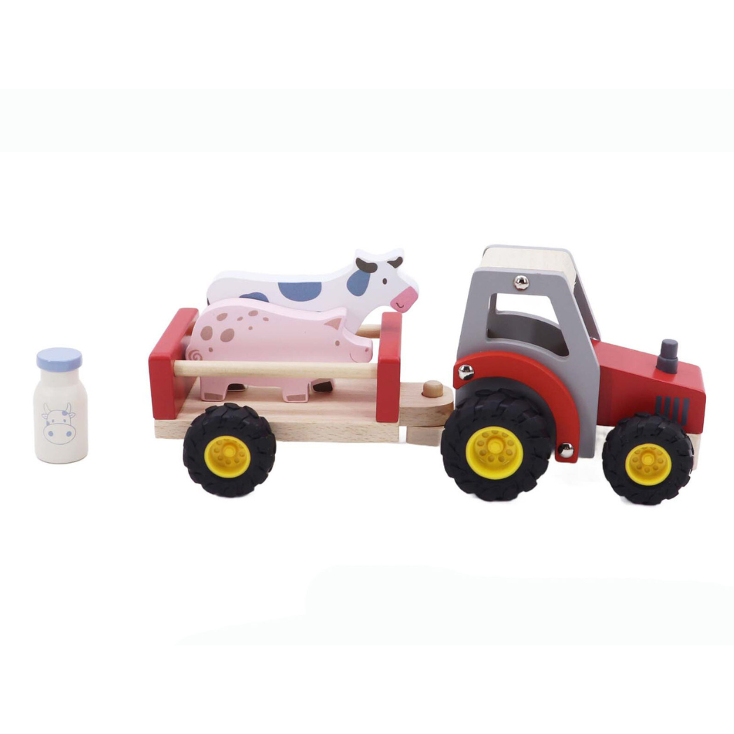 Red wooden tractor with pig and cow figures by Kaper Kidz, hand-painted eco toy for toddlers, farm playset with trailer