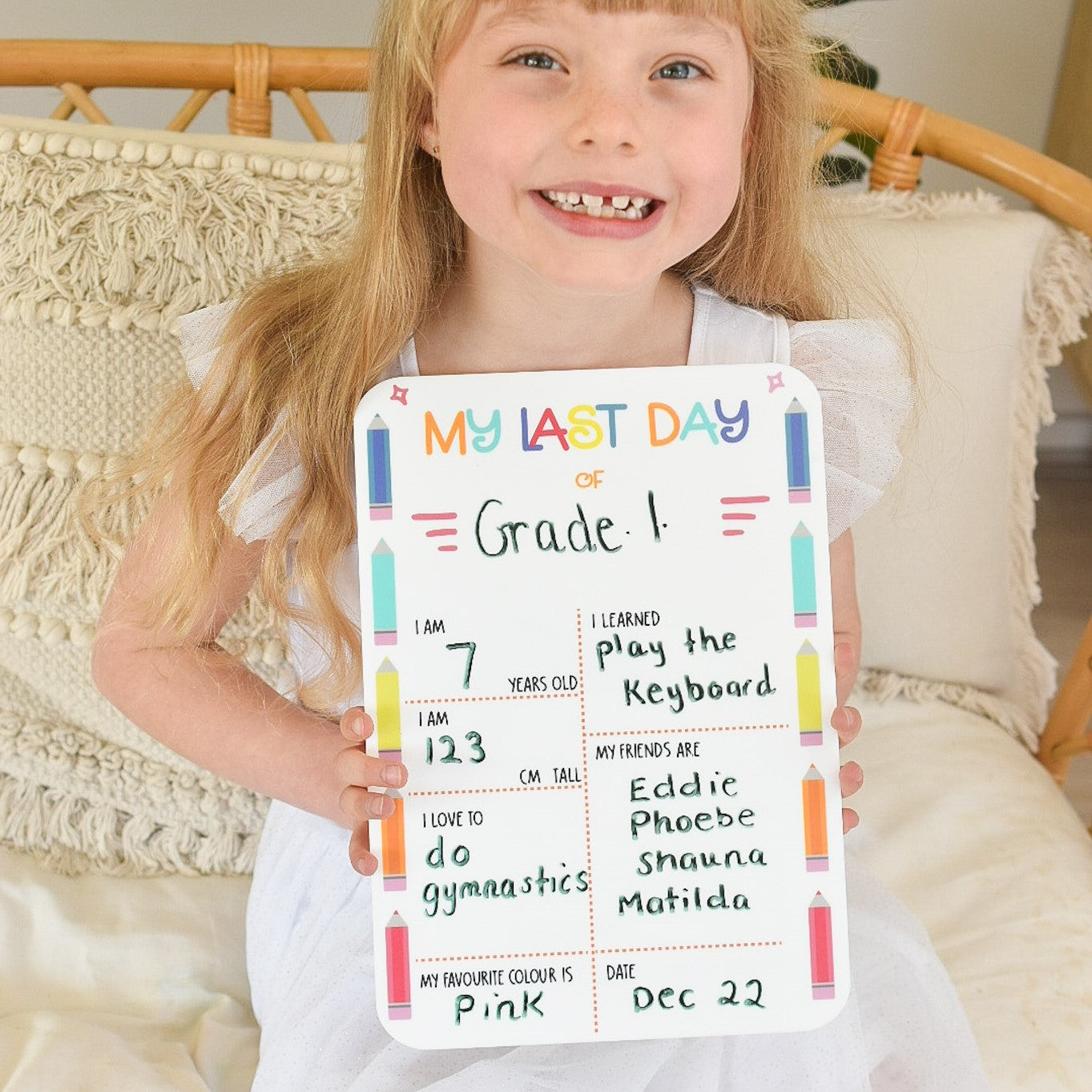First & Last Day Board – Pencils design double-sided acrylic milestone board by Inspired Wholesale, 30 × 22 cm