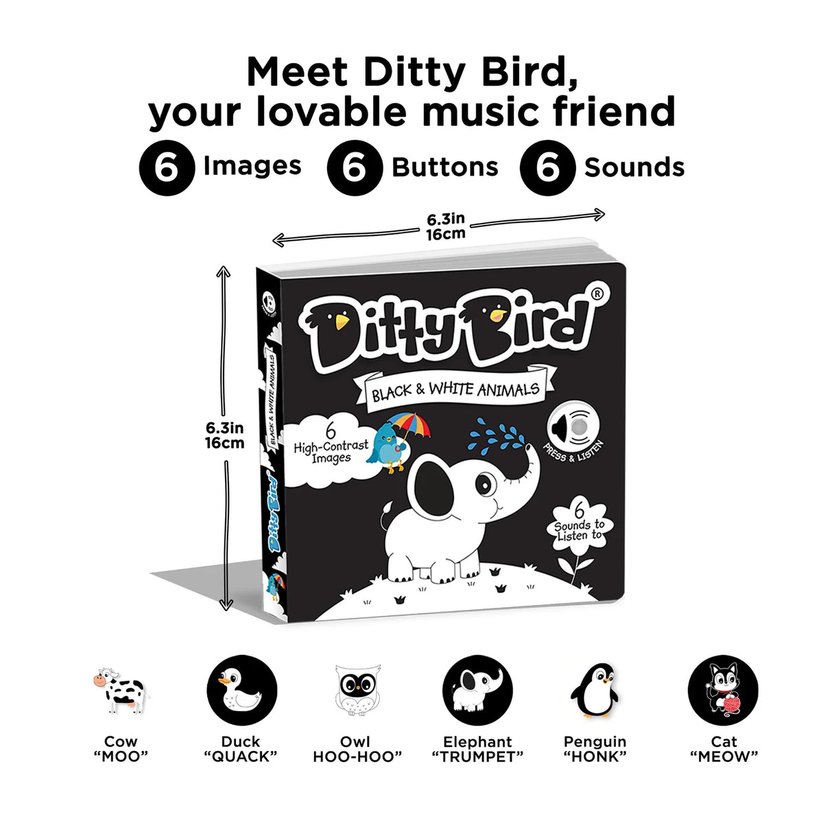 Ditty Bird Rechargeable Sound Book - Black and White Animal Sounds