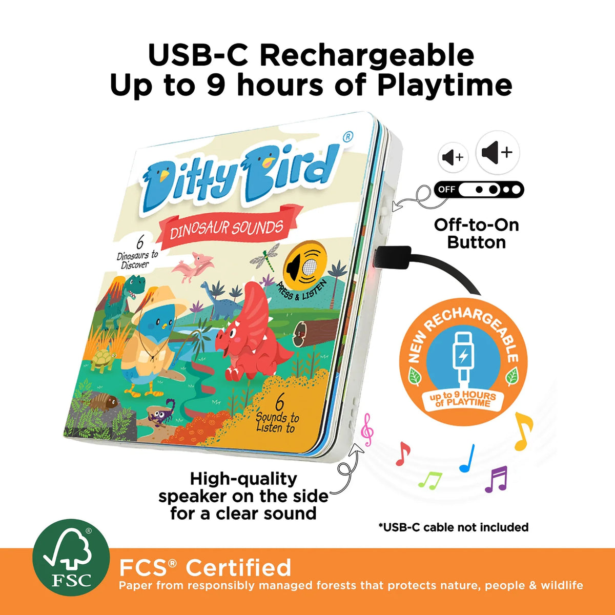 Ditty Bird Rechargeable Sound Book - Dinosaur Sounds