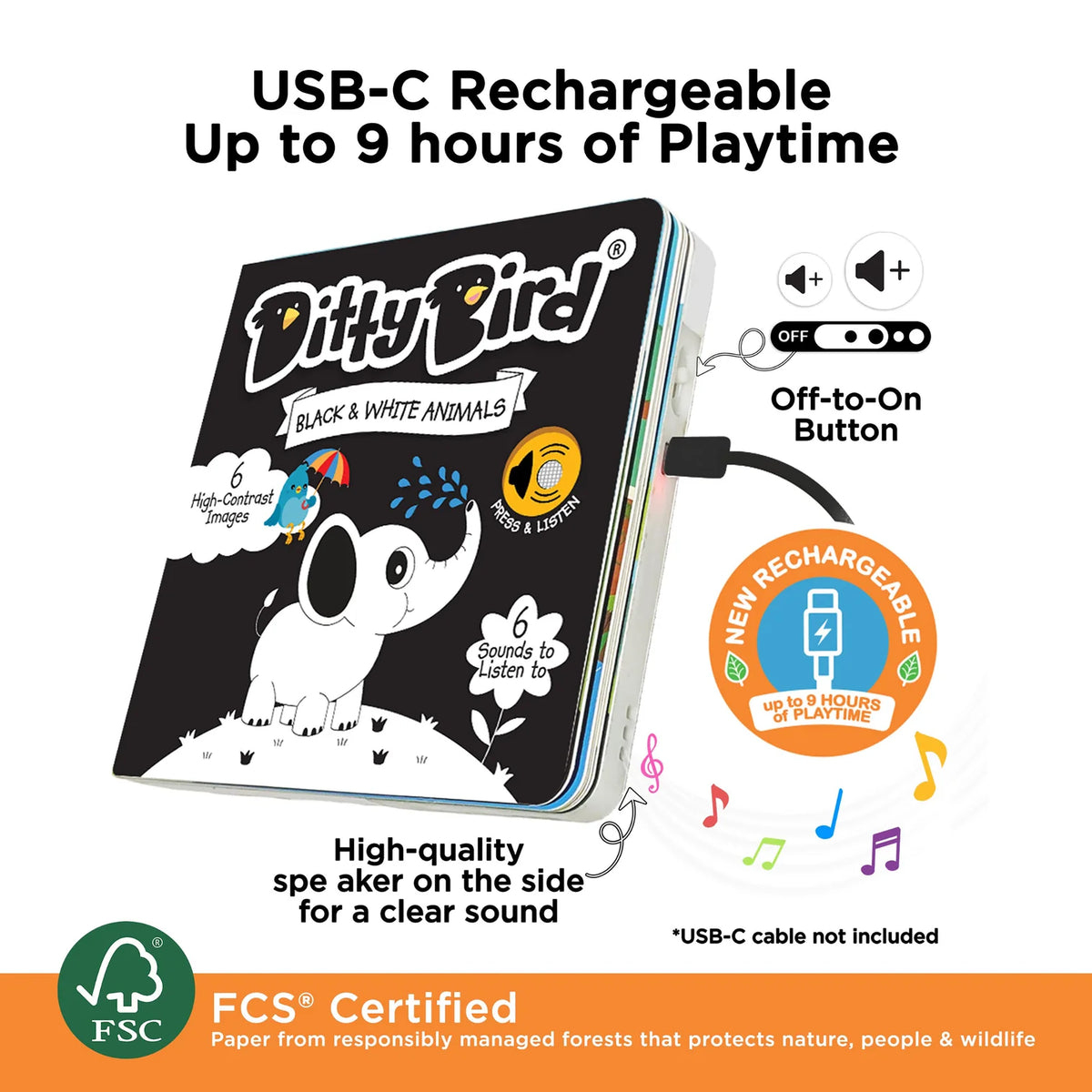 Ditty Bird Rechargeable Sound Book - Black and White Animal Sounds