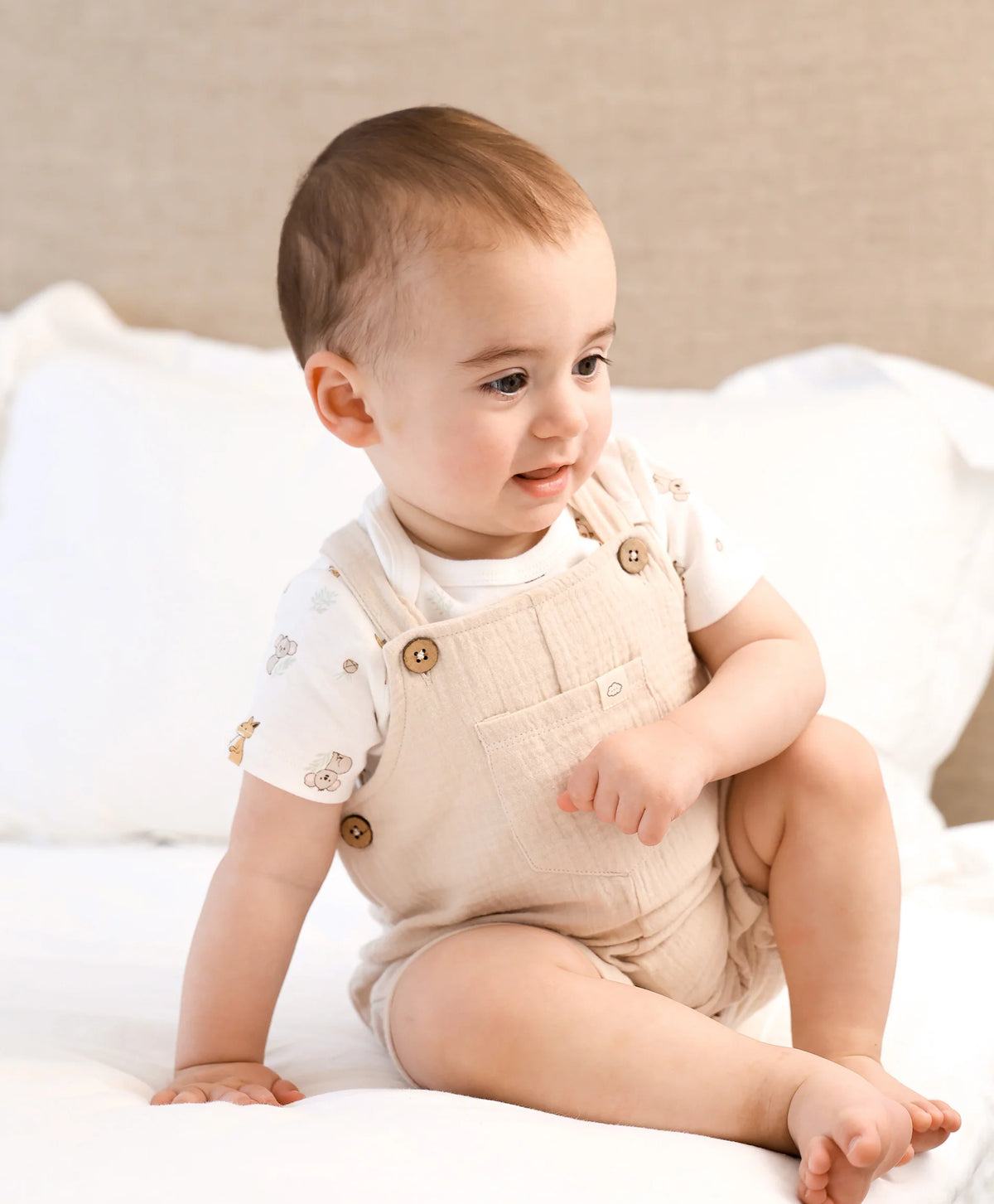 Lummi in Colour Organic Cotton Muslin Overall Romper - Oat