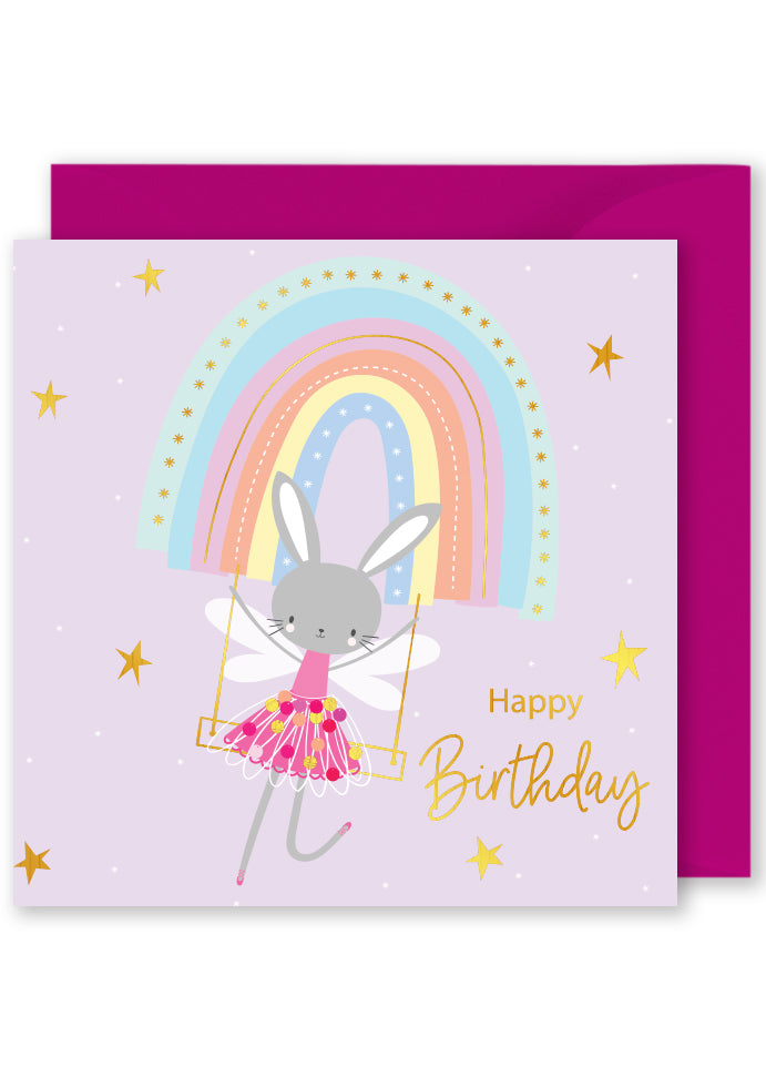 Foiled Square Card: “Happy Birthday” Rabbit and Rainbow