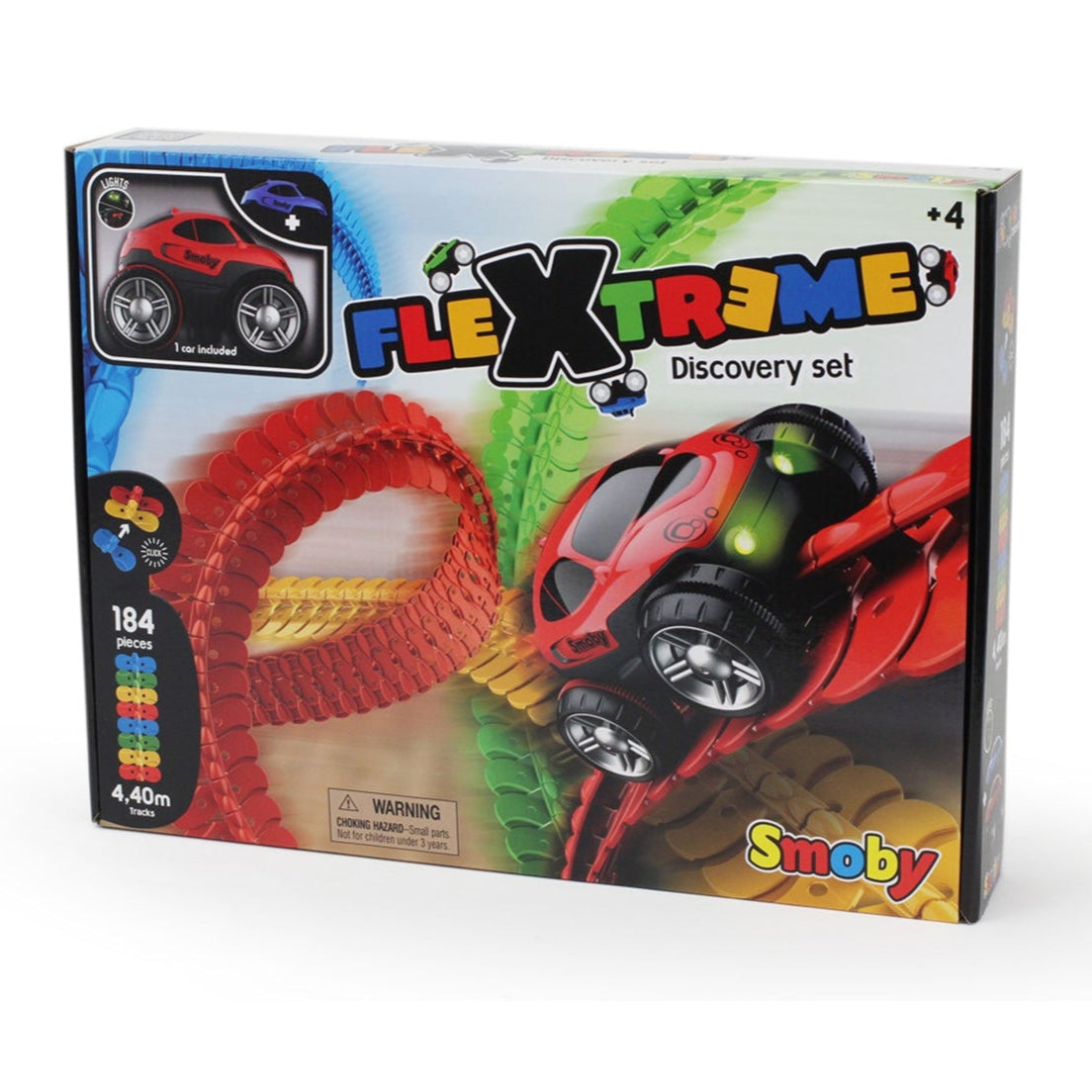 Smoby Flextreme Discovery Set – 184 flexible track pieces with motorised light-up car for creative racing play