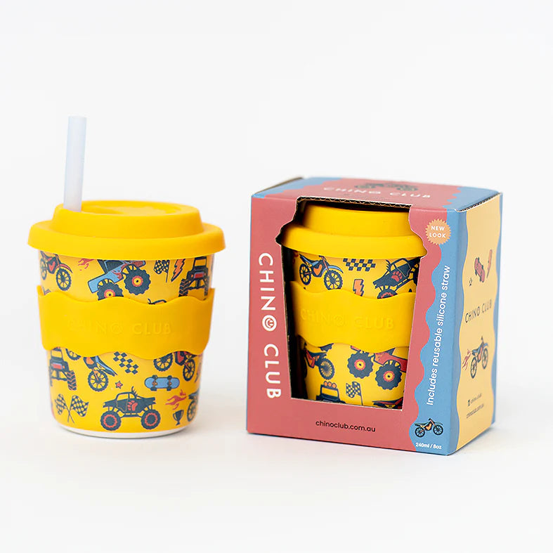 Chino Club Reusable Bamboo Kids 8oz Cup -Wheelies