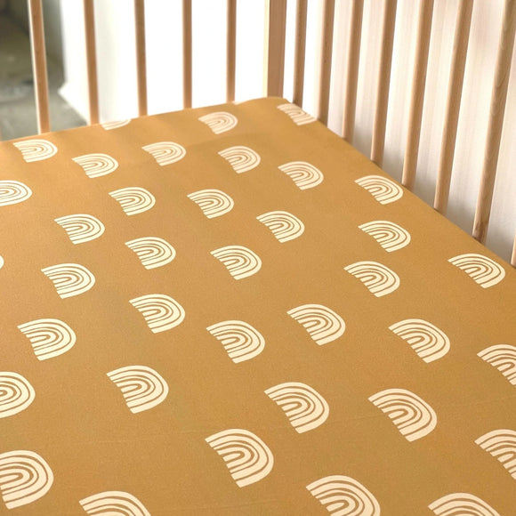 Bamboo Jersey Fitted Cot Sheet - Mustard Rainbows