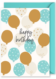 Foiled Card: “Happy Birthday” Aqua & Gold Balloons