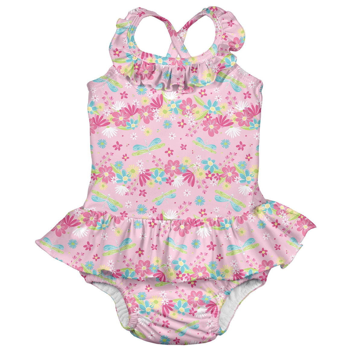 Ruffle Swimsuit with built in Swim Nappy - Pink Dragonfly