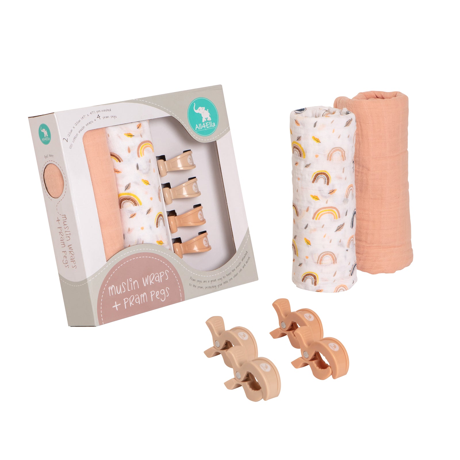2 Muslins & 4 Pram Peg Box Set - Rainbow Dreams