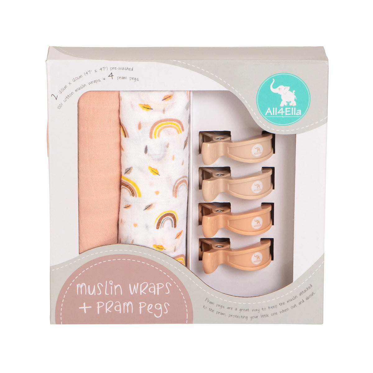 2 Muslin Swaddles &amp; 4 Pram Pegs Box Set - Rainbows &amp; Peach