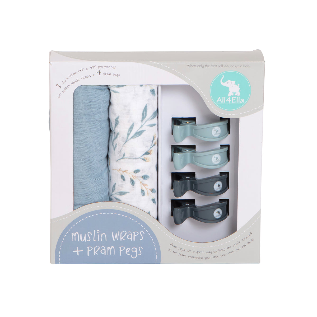 2 Muslin Swaddles &amp; 4 Pram Pegs Box Set - Willow Flowers &amp; Light Blue