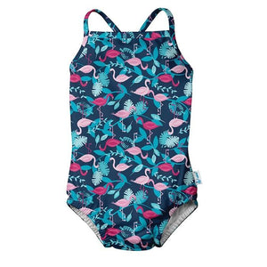 Swimsuit with built in Swim Nappy - Navy Flamingos