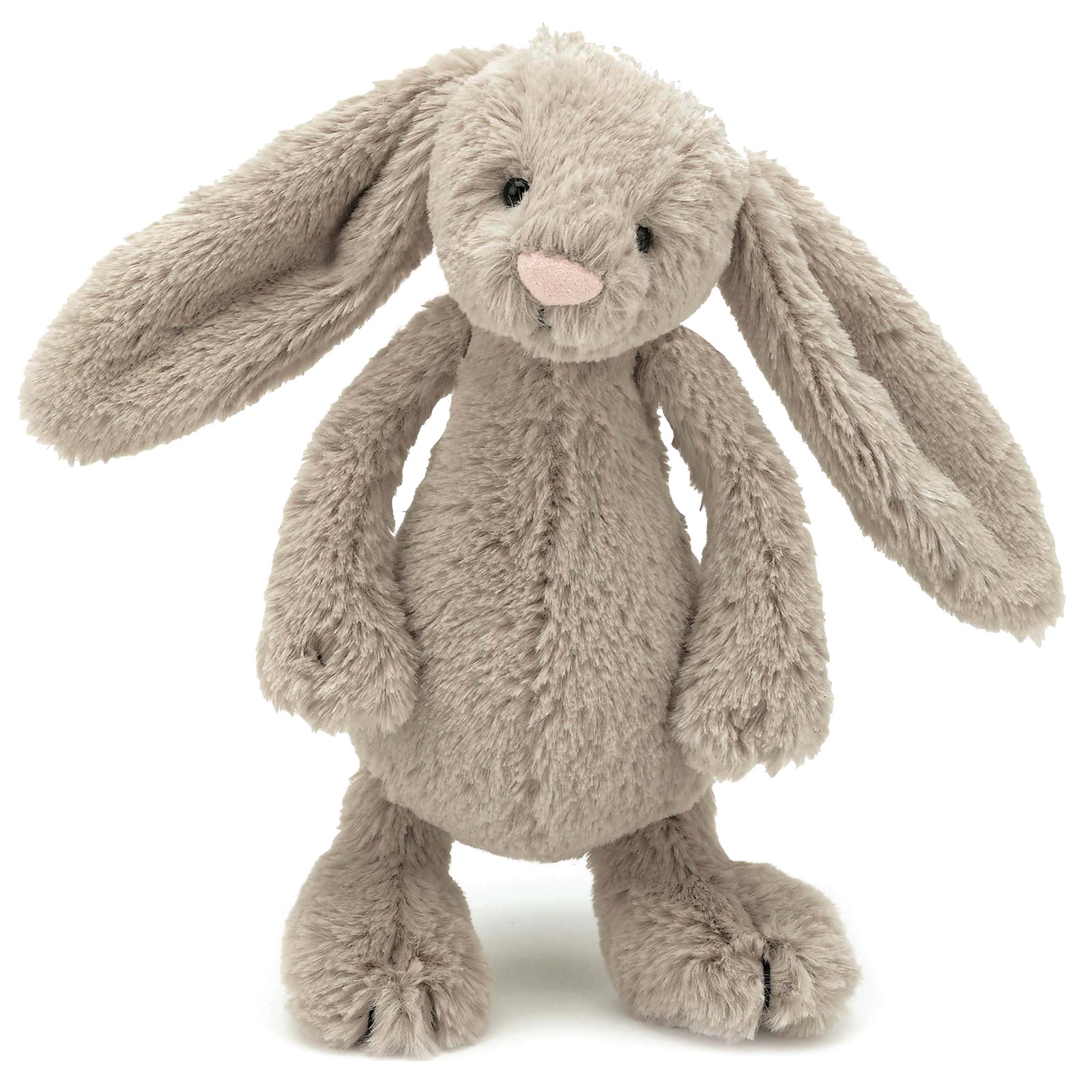 The Jellycat Bashful Beige Bunny - Small is a soft, baby-safe plush toy with long floppy ears, a round pink nose, and black eyes—perfect for cuddles.