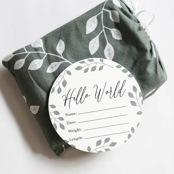 Birth Announcement - Hello World - Organic Leaf Sage